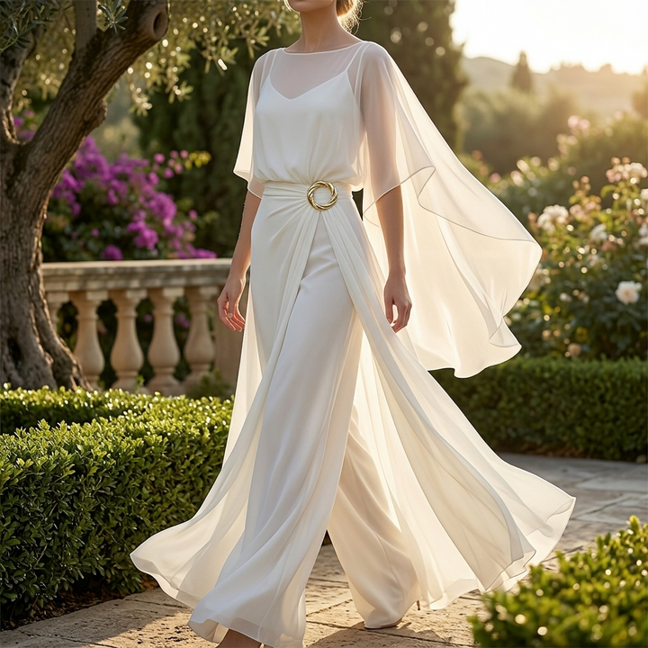 Wide Leg Pants Set with Cape Sleeve Top for Women