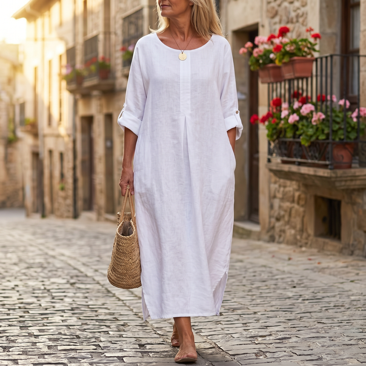 Linen Maxi Dress with Pockets for Women - Long Sleeve