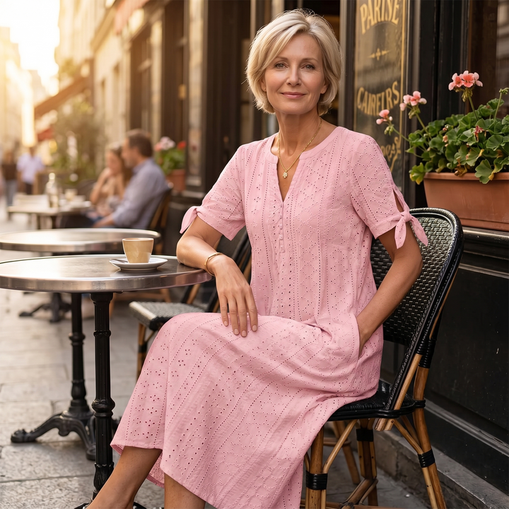 Eyelet Midi Dress With Tie Sleeves - Cold Shoulder Summer Dress