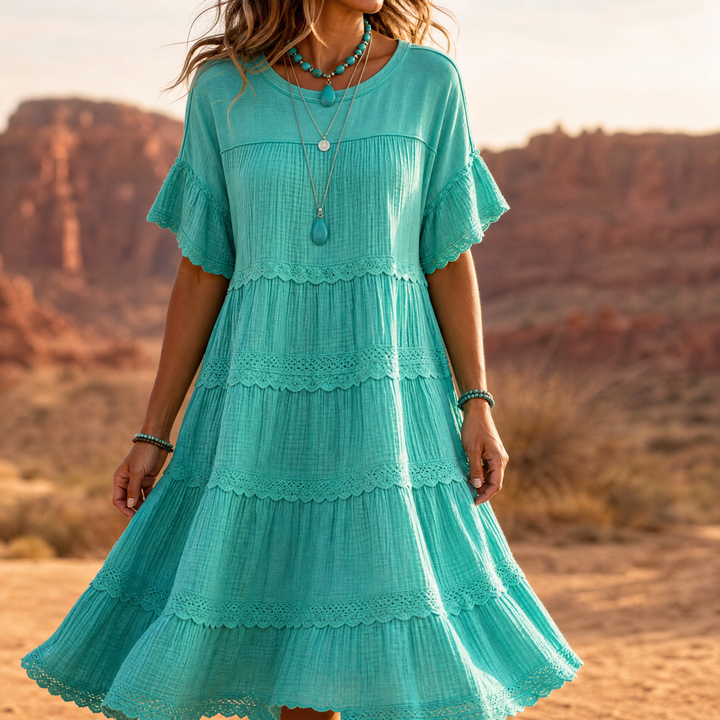 Tiered Lace Midi Dress with Pockets - Flutter Sleeve A-Line