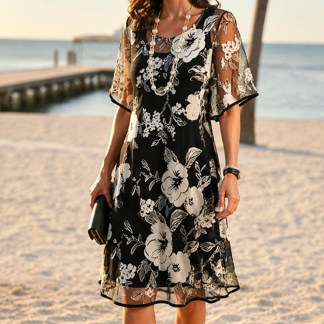 Floral Chiffon Dress with Sheer Overlay and Flutter Sleeves