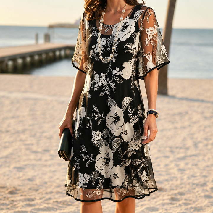 Floral Chiffon Dress with Sheer Overlay and Flutter Sleeves