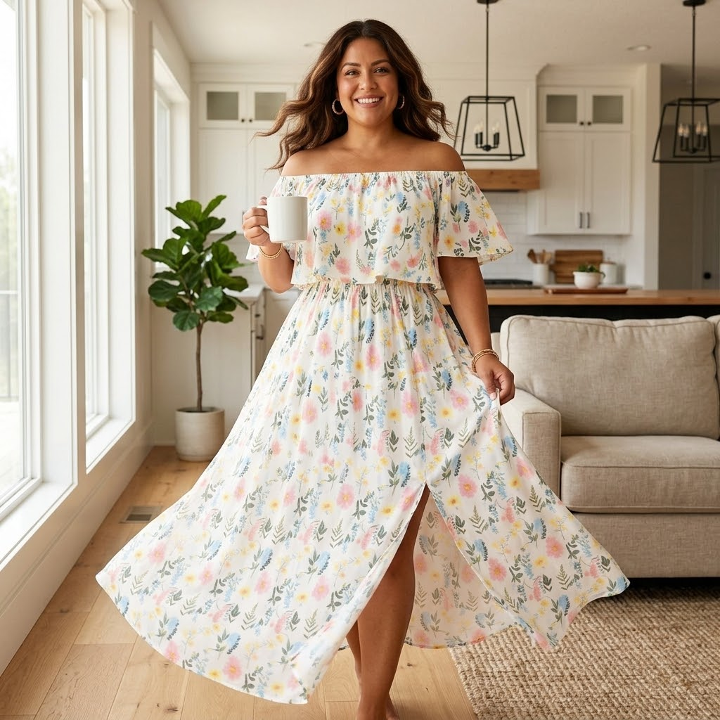 Vestido largo con hombros descubiertos y bolsillos - Estampado floral para mujer
