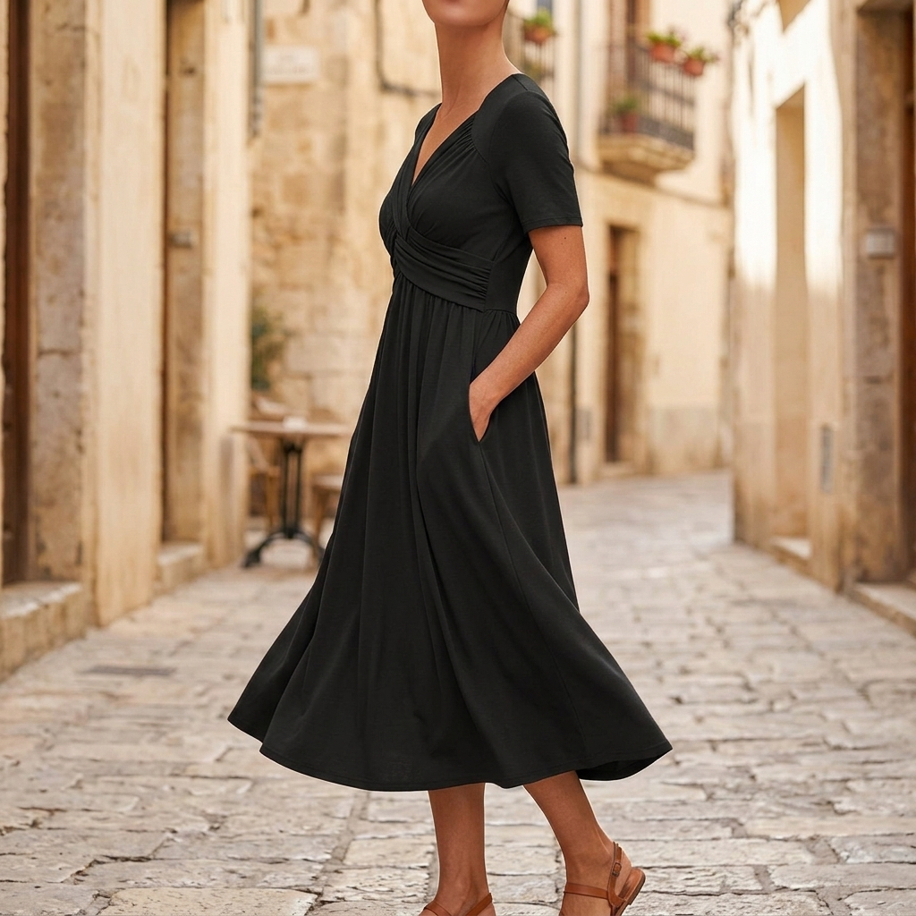 Veluna™ - Crossover V-Neck Midi Dress with Pockets