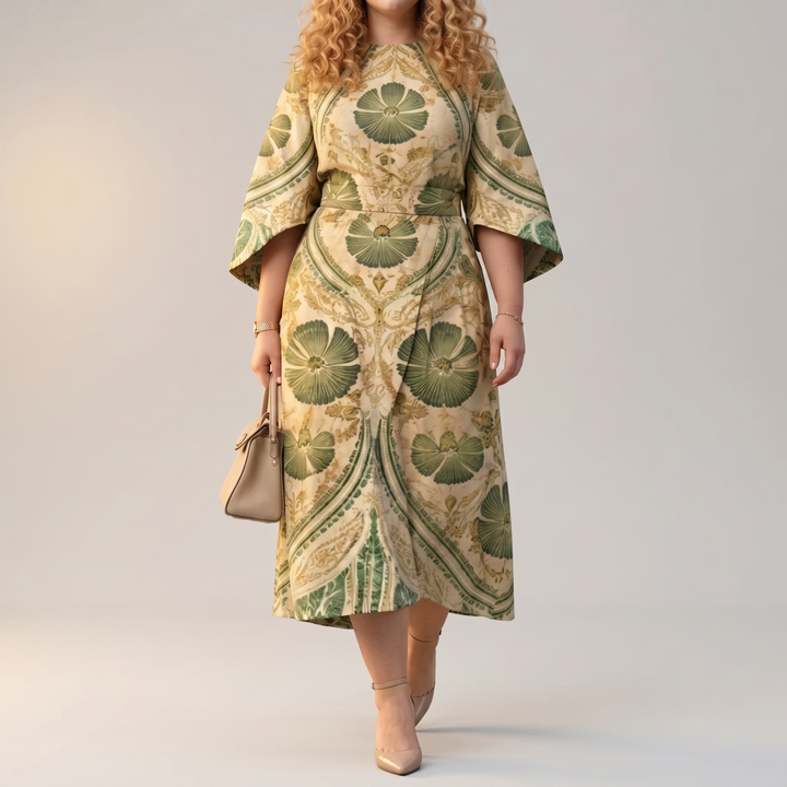 Midi Dress A-Line Vintage Tapestry Print Elegant Fit
