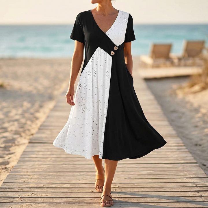 Vivara™ – Diagonal Patchwork V Neck Midi Dress