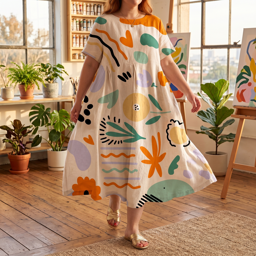 Artsy Print Midi Dress - A-Line Silhouette in Matisse Florals