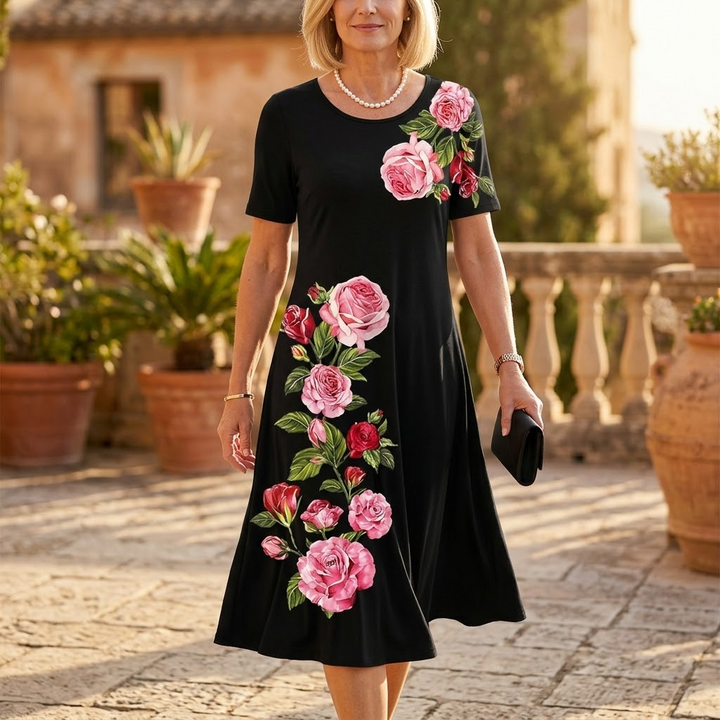 Rose Print A-Line Dress with Short Sleeves