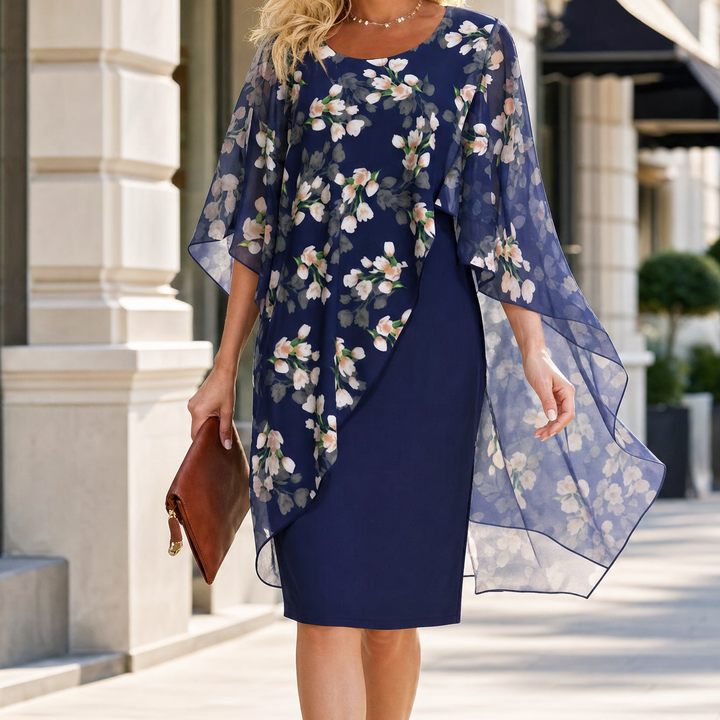 Floral Chiffon Cape Overlay Dress for Wedding Guest