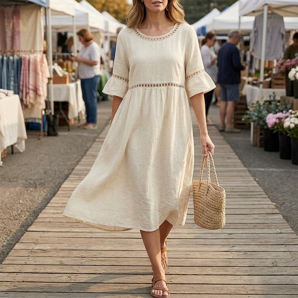 Midi Dress for Women Cotton Linen with Lace Detail