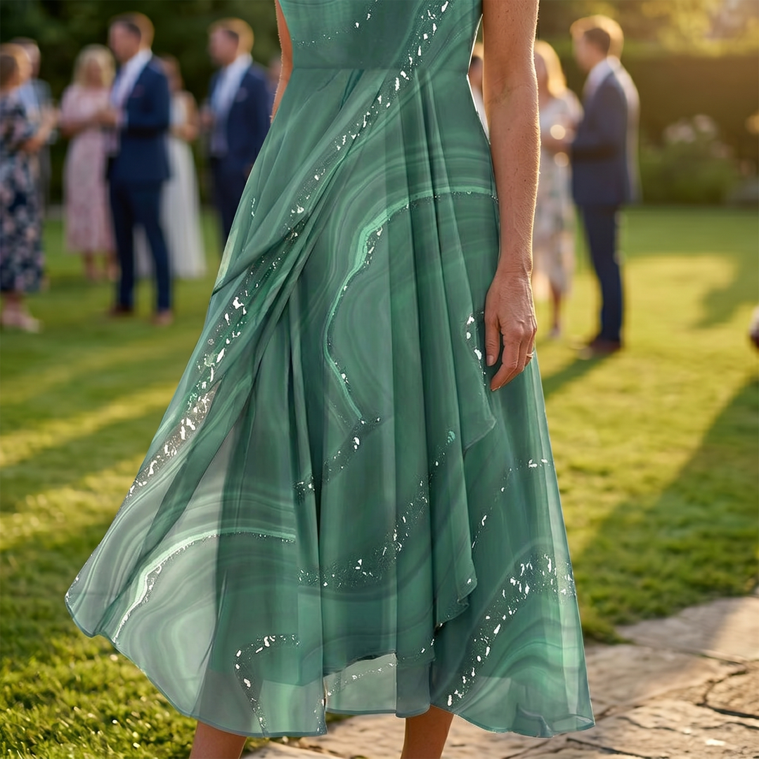 Chiffon Midi Dress - V-Neck Wedding Guest Dress