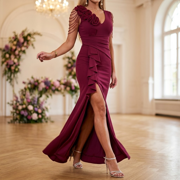 Mermaid Evening Gown with Rosette Shoulder and High Slit