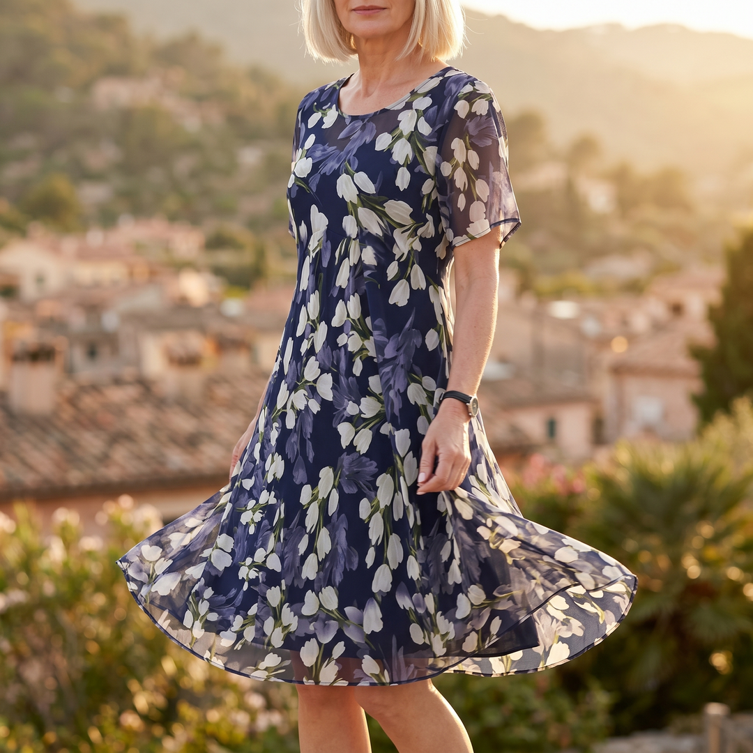 Navy Floral Midi Dress for Women – Chiffon Wedding Guest Dress