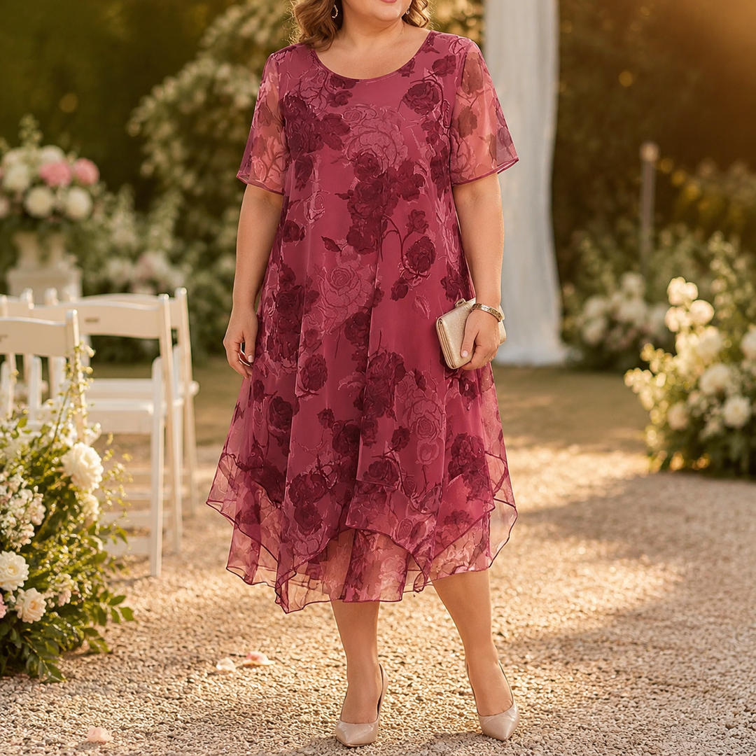Floral Chiffon Midi Dress - Layered A-Line Dress for Women