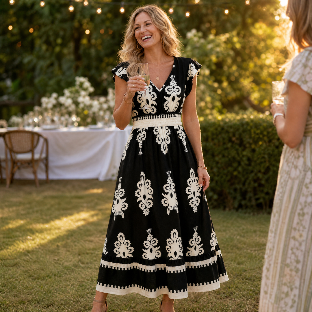 Midi Dress for Women - Damask Print V-Neck with Smocked Waist