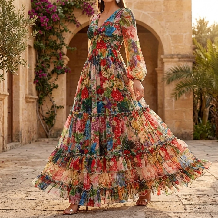 Tiered Floral Maxi Dress with Lantern Sleeves for Women