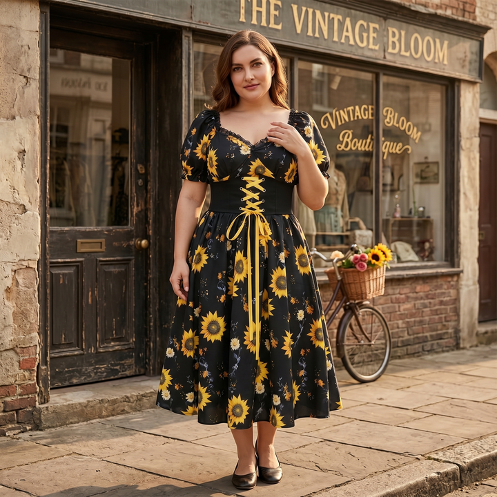 Sunflower Midi Dress | Corset Waist Puff Sleeve Wedding Guest