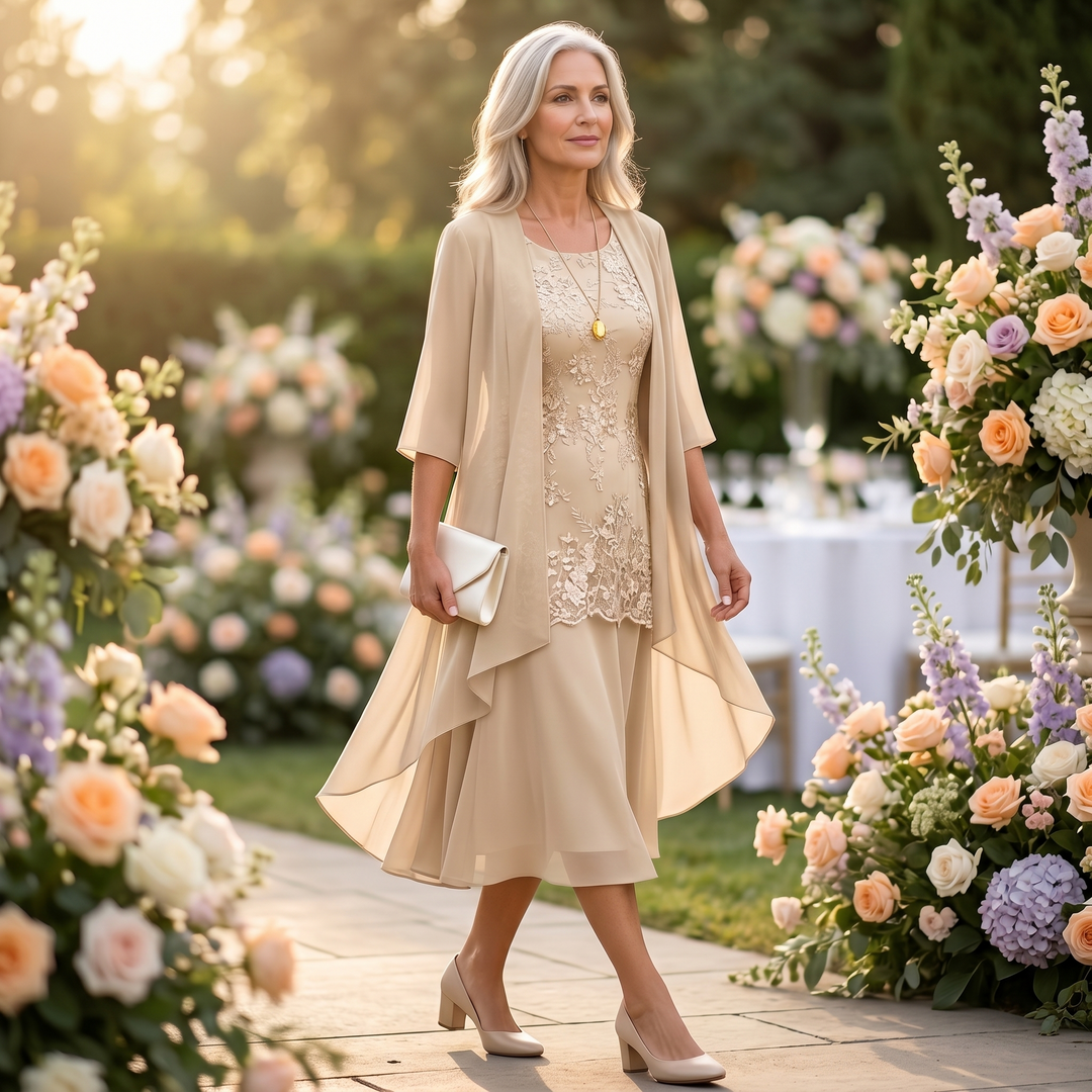 Vestido de Madre de la Novia con Chaqueta - Conjunto de Invitada de Boda en Encaje y Chifón