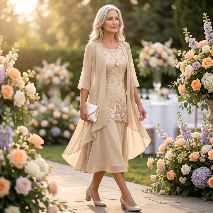 Vestido de Madre de la Novia con Chaqueta - Conjunto de Invitada de Boda en Encaje y Chifón