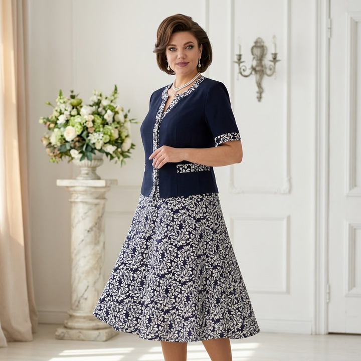 Navy Floral Dress with Built-In Jacket for Special Occasions