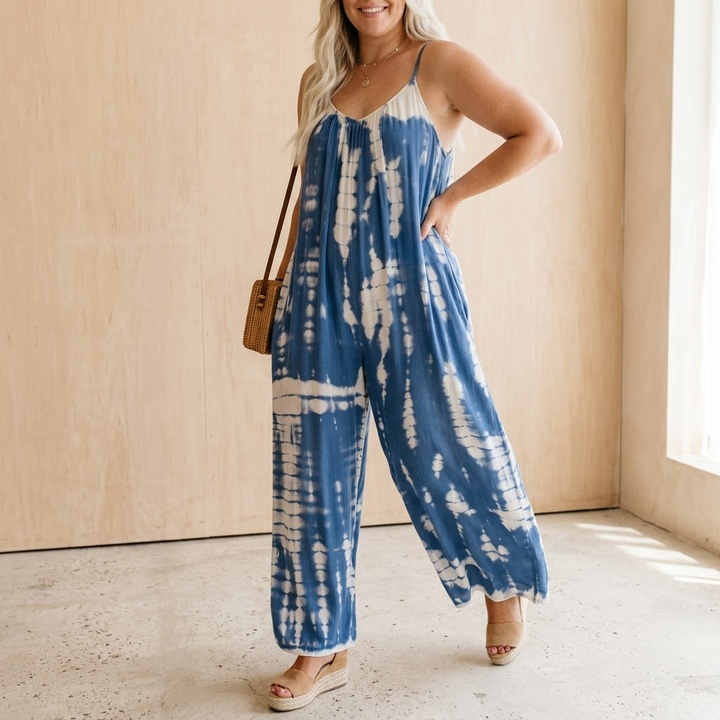 Mono de pierna ancha con bolsillos y estampado tie dye para mujer