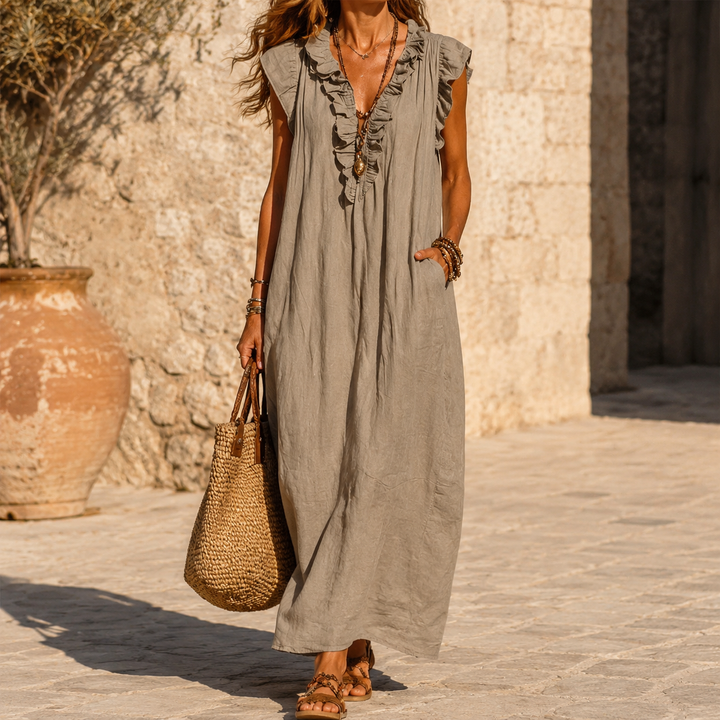 Veluna™ – Ruffle-V Midi Dress with Pockets