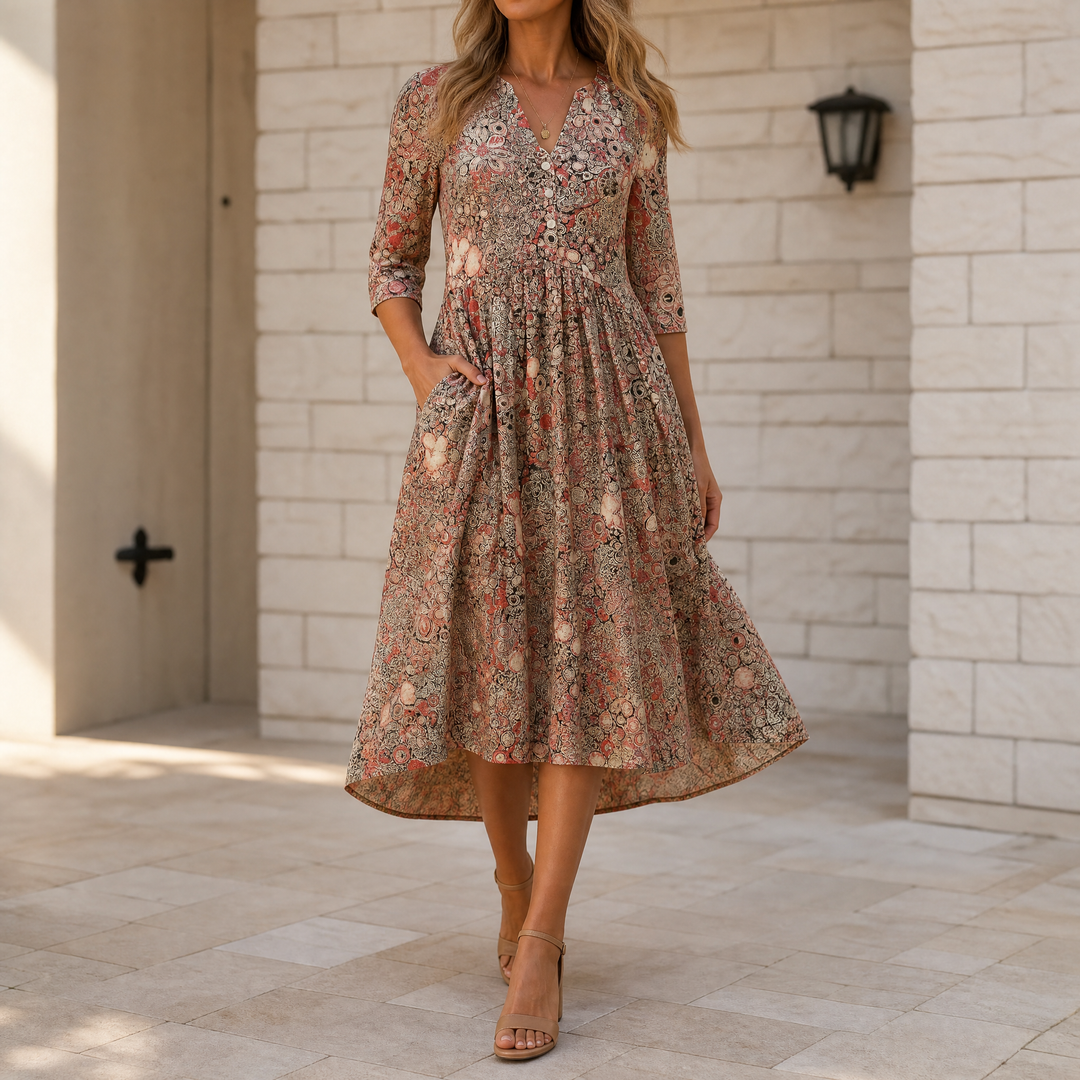 Floral Midi Dress with Pockets - V-Neck A-Line Silhouette