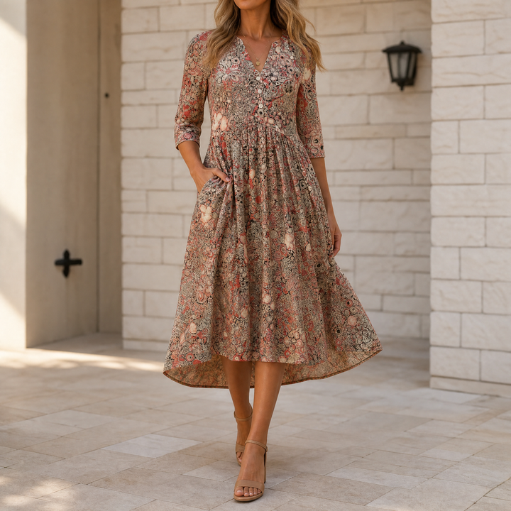 Floral Midi Dress with Pockets - V-Neck A-Line Silhouette