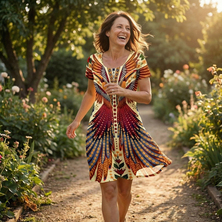 Peacock Print Summer Dress - Short Sleeve Knee Length Dress