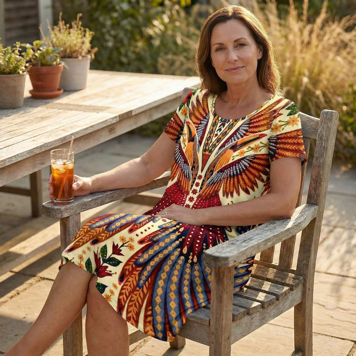 Peacock Print Summer Dress - Short Sleeve Knee Length Dress