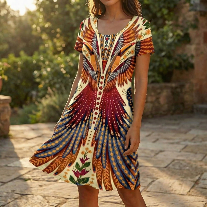 Peacock Print Summer Dress - Short Sleeve Knee Length Dress
