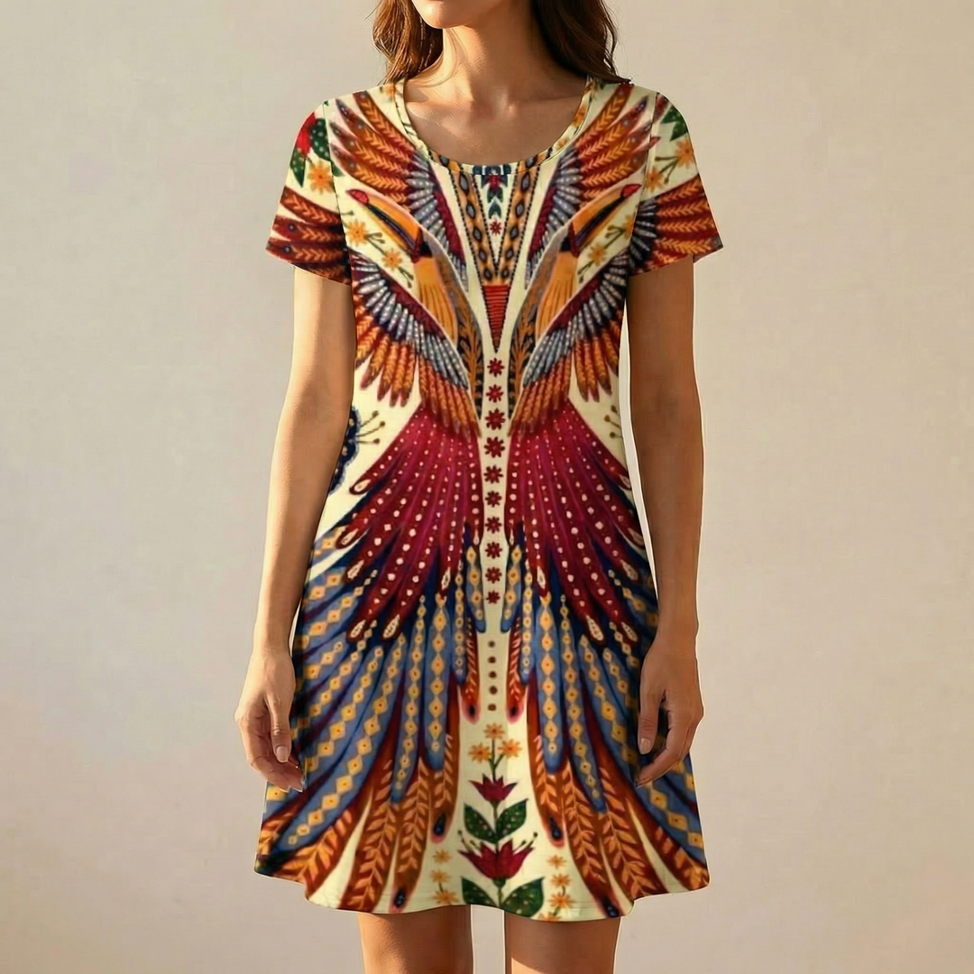 Peacock Print Summer Dress - Short Sleeve Knee Length Dress