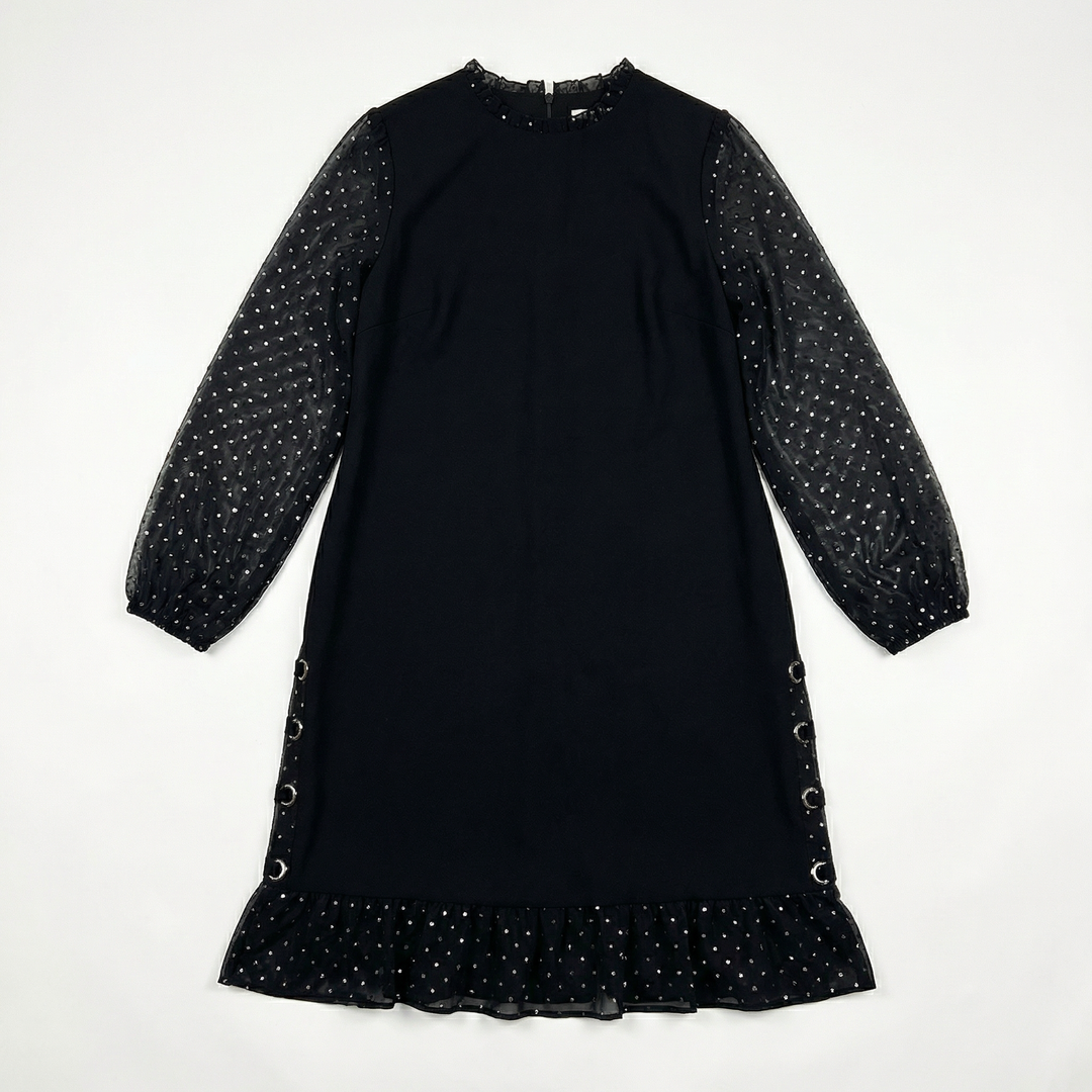 Rhinestone Mesh Sleeve Dress With Ruffle Hem For Women
