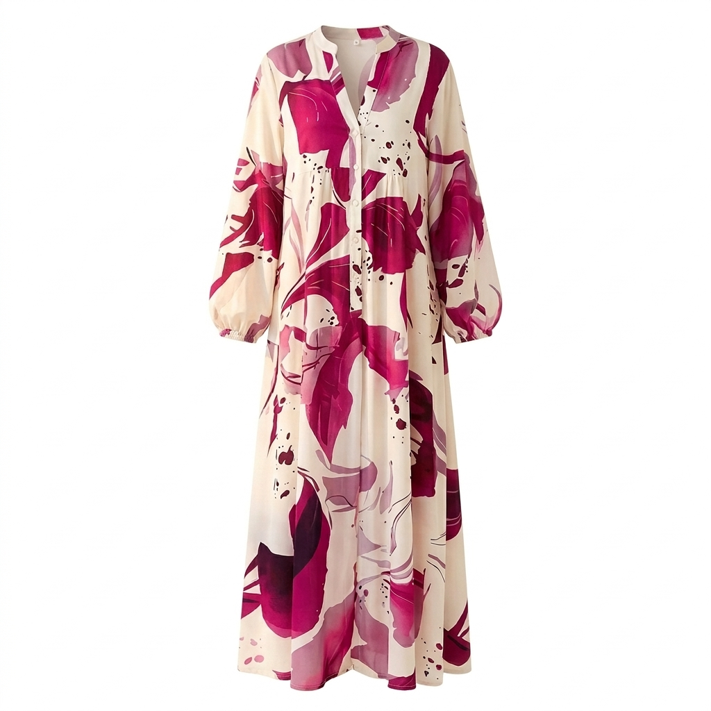 Floral Maxi Dress V-Neck Long Sleeve Tiered Boho Dress