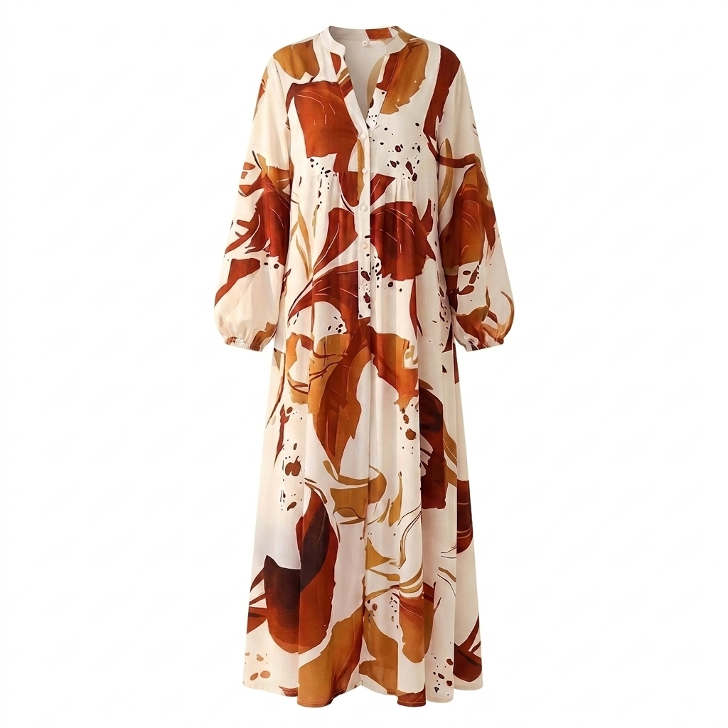 Floral Maxi Dress V-Neck Long Sleeve Tiered Boho Dress
