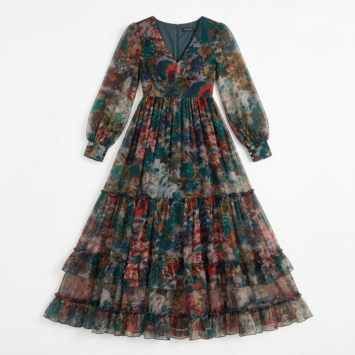 Tiered Floral Maxi Dress with Lantern Sleeves for Women