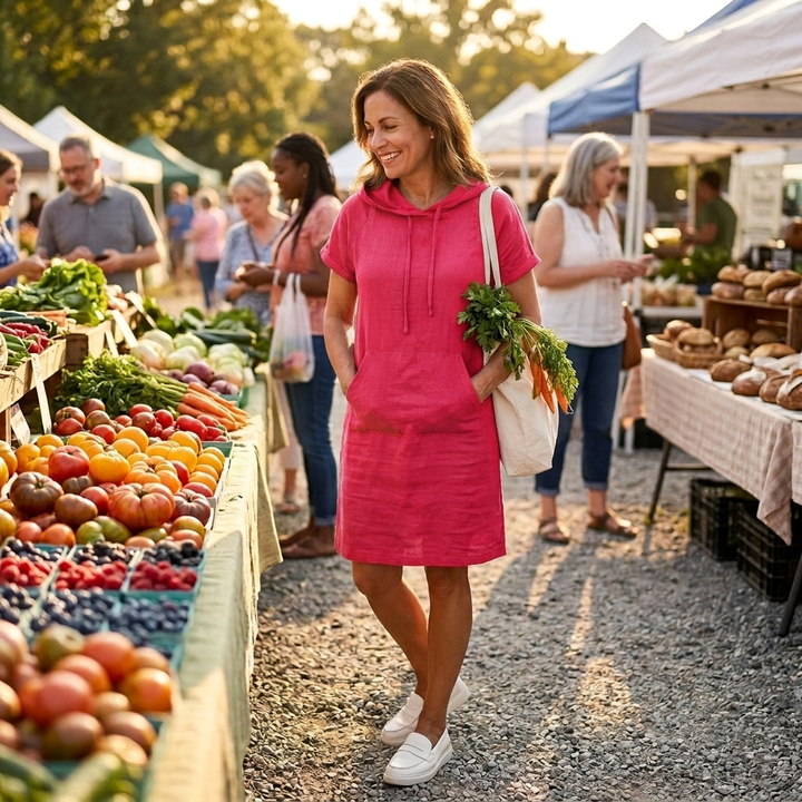 Casual Hooded Dress with Pockets - Comfortable Knee Length