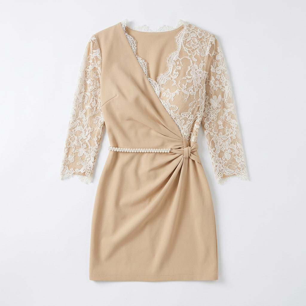 Vestido corto con mangas de encaje y cinturón de perlas - Vestido de cóctel elegante