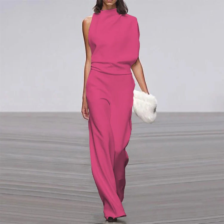 Avorio | Tuta da donna a gamba larga, senza maniche, con collo alto finto, outfit formale