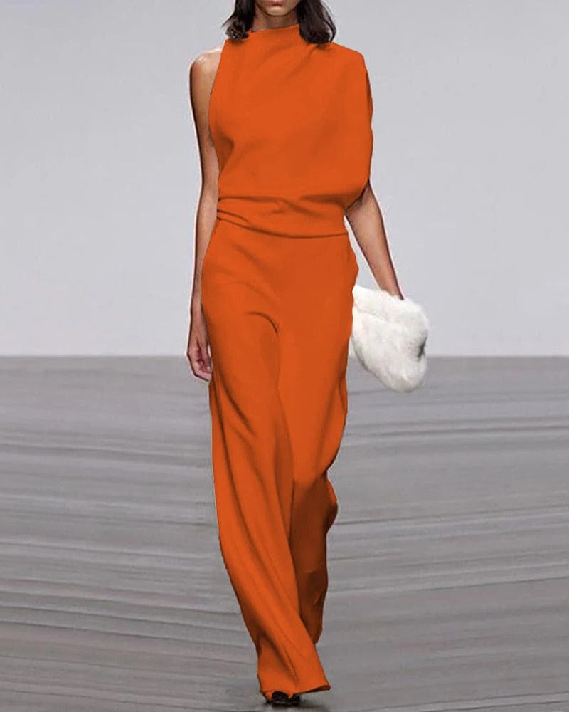 Avorio | Tuta da donna a gamba larga, senza maniche, con collo alto finto, outfit formale
