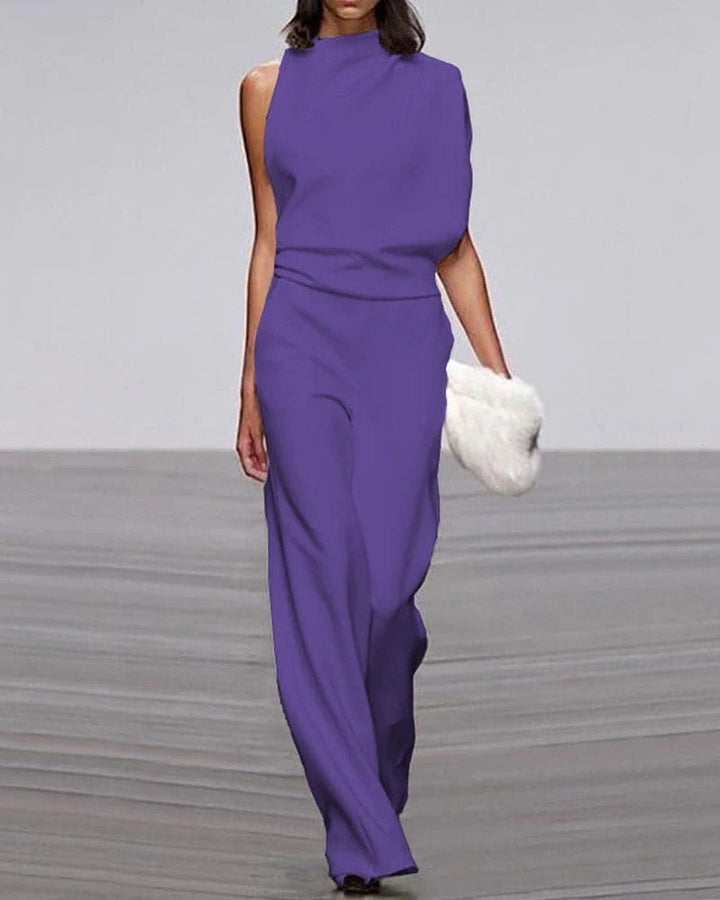 Avorio | Tuta da donna a gamba larga, senza maniche, con collo alto finto, outfit formale