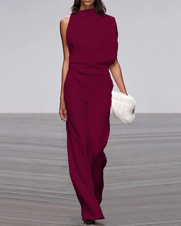 Avorio | Tuta da donna a gamba larga, senza maniche, con collo alto finto, outfit formale