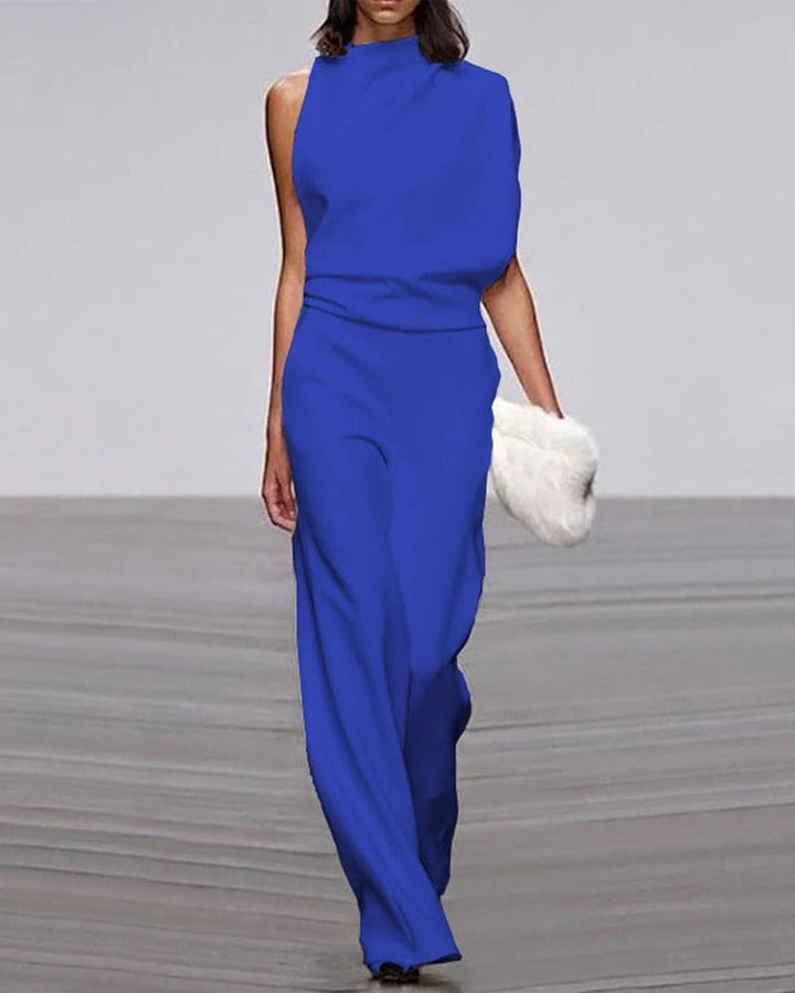 Avorio | Tuta da donna a gamba larga, senza maniche, con collo alto finto, outfit formale