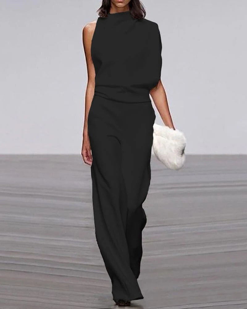 Avorio | Tuta da donna a gamba larga, senza maniche, con collo alto finto, outfit formale