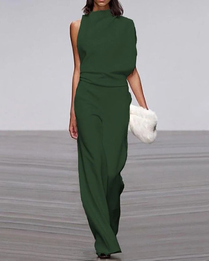 Avorio | Tuta da donna a gamba larga, senza maniche, con collo alto finto, outfit formale