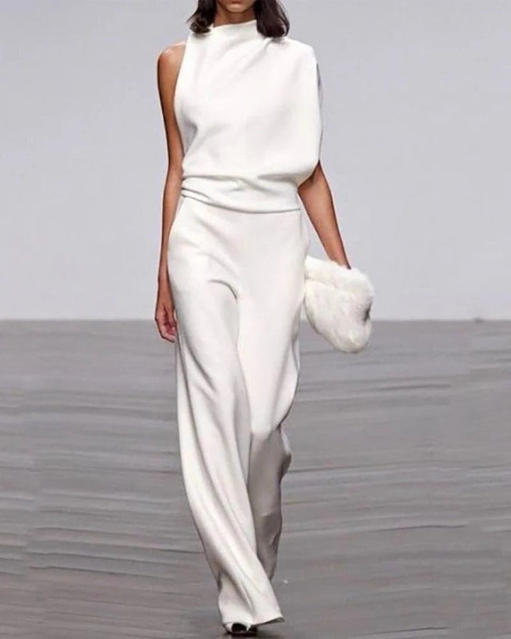 Avorio | Tuta da donna a gamba larga, senza maniche, con collo alto finto, outfit formale