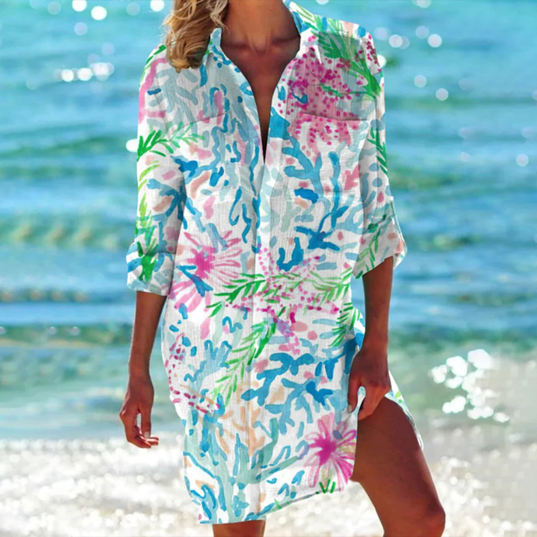Coralie | Vestito Camicia Donna con Stampa Tropicale Manica 3/4 Copricostume da Spiaggia
