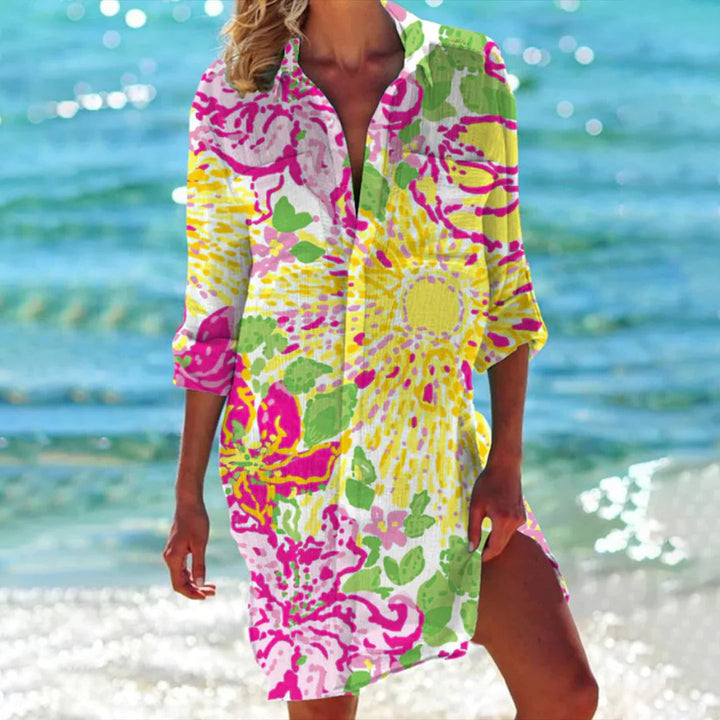 Coralie | Vestito Camicia Donna con Stampa Tropicale Manica 3/4 Copricostume da Spiaggia