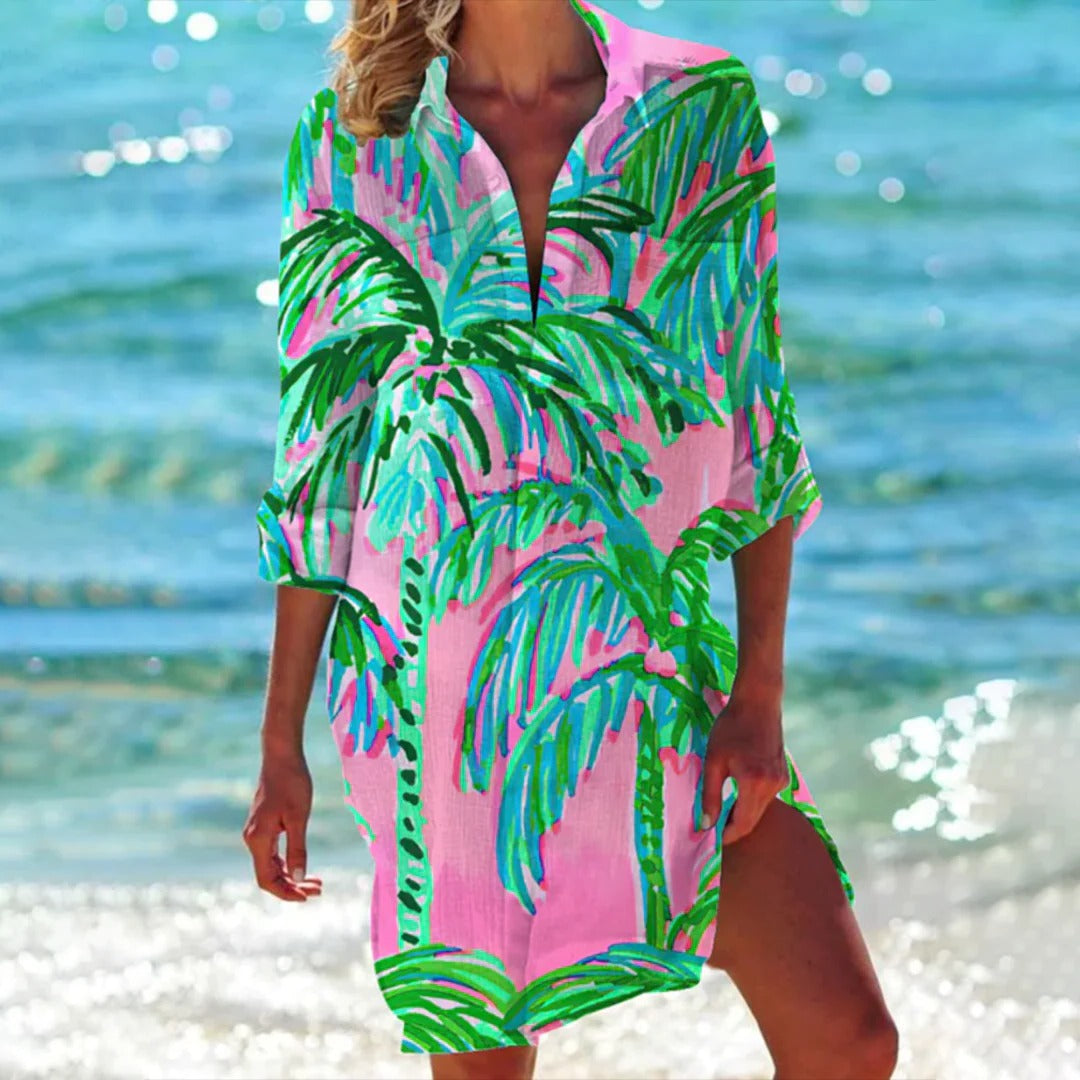 Coralie | Vestito Camicia Donna con Stampa Tropicale Manica 3/4 Copricostume da Spiaggia