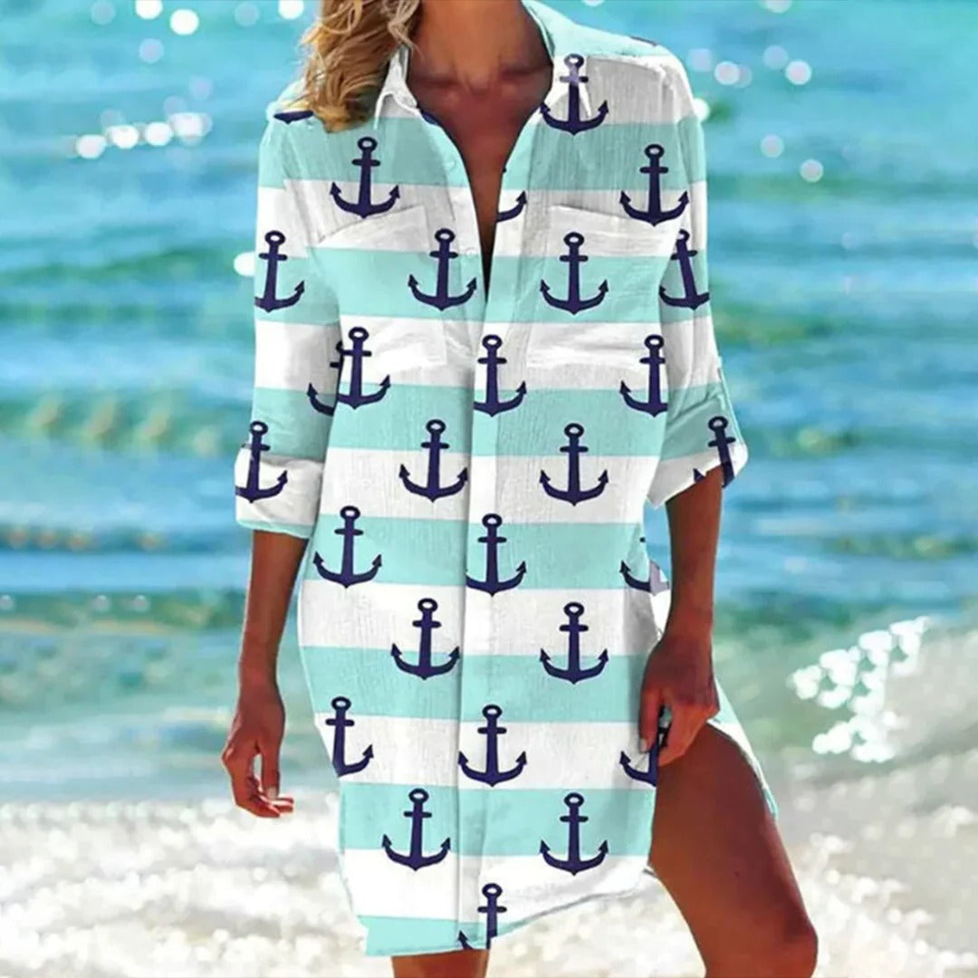 Coralie | Vestito Camicia Donna con Stampa Tropicale Manica 3/4 Copricostume da Spiaggia